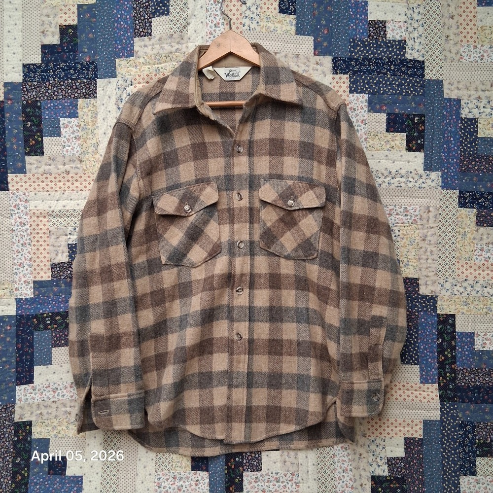 Vintage 1970s Woolrich Tan Brown Plaid Flannel Wool Blend Shirt Size Medium